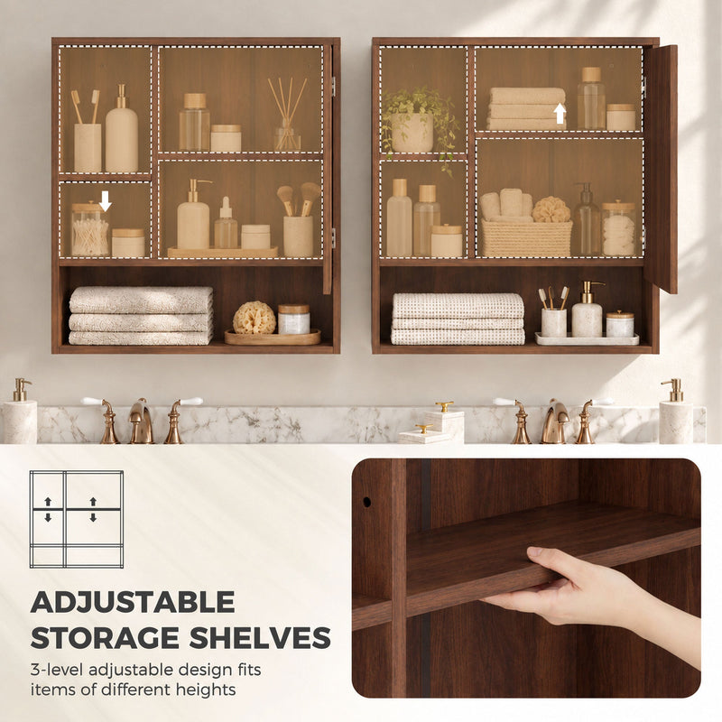 Two walnut brown mirror cabinets with a hand adjusting an inner shelf to a different height