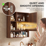 Close-up of the buffer hinge beside a woman closing the open walnut brown mirror cabinet door