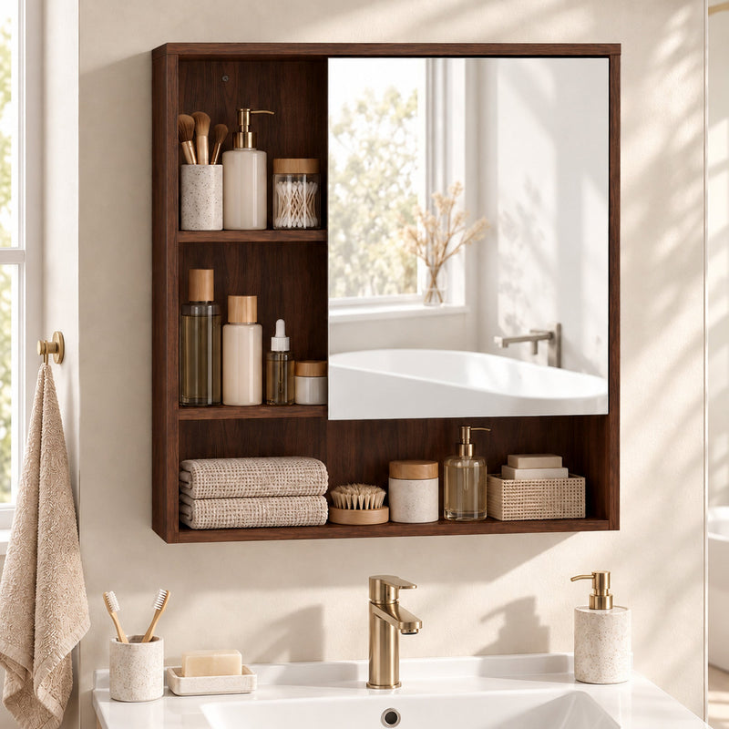 Walnut brown wall-mounted mirror cabinet styled with towels and toiletries above a vanity with gold taps