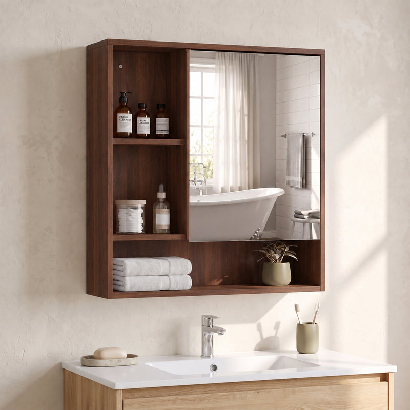 Walnut brown mirror cabinet with bottles and folded towels on the wall of a bathroom with a freestanding bath