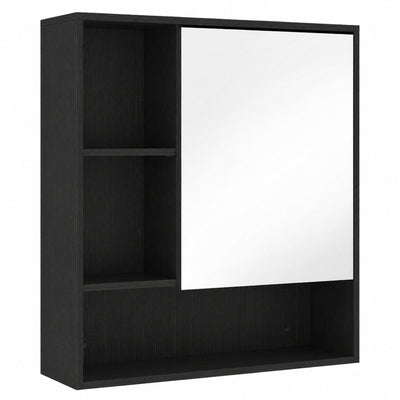Black wall-mounted bathroom mirror cabinet with a mirrored door, open left cubbies and a bottom shelf