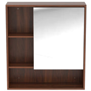 Front view of the walnut brown mirror cabinet with the mirrored door on the right and open shelves on the left