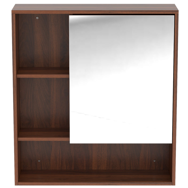 Front view of the walnut brown mirror cabinet with the mirrored door on the right and open shelves on the left