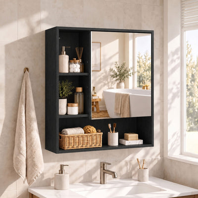 Black mirror cabinet above a bathroom sink holding towels, a basket and skincare bottles