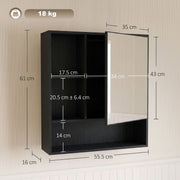 Dimensions diagram of the black mirror cabinet showing 55.5 cm width, 61 cm height, 16 cm depth and 18 kg capacity