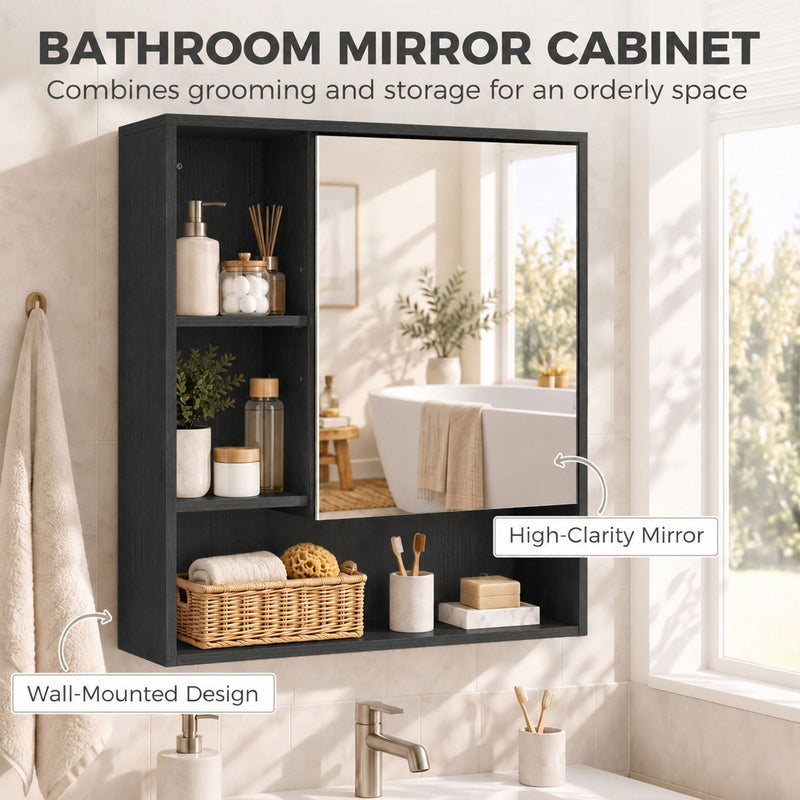 Black bathroom mirror cabinet with a high-clarity mirror door hung on the wall above a basin