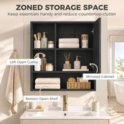 Black mirror cabinet labelled with its left open cubby, mirrored cabinet and bottom open shelf