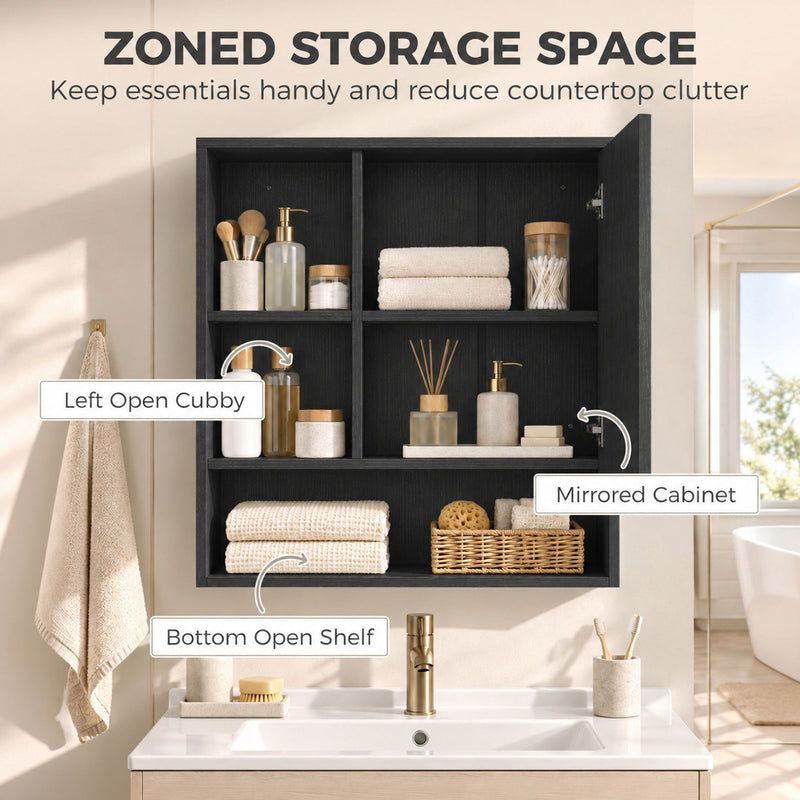 Black mirror cabinet labelled with its left open cubby, mirrored cabinet and bottom open shelf