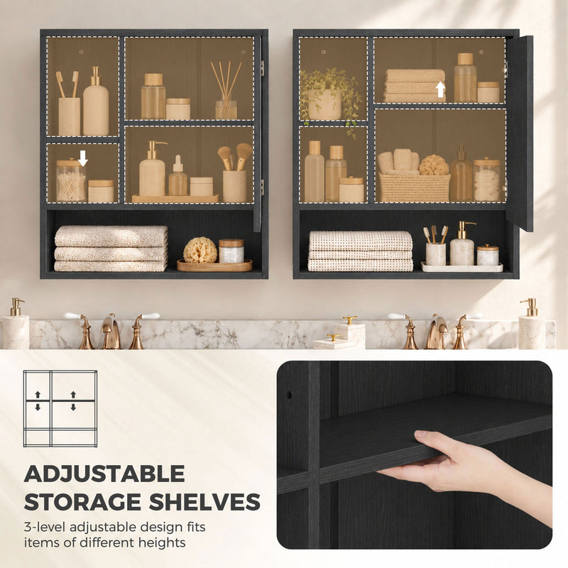 Two black mirror cabinets with a hand adjusting an inner shelf to a different height