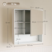 Dimensions diagram showing 55.5 cm wide, 16 cm deep and 61 cm high with mirror and shelf sizes