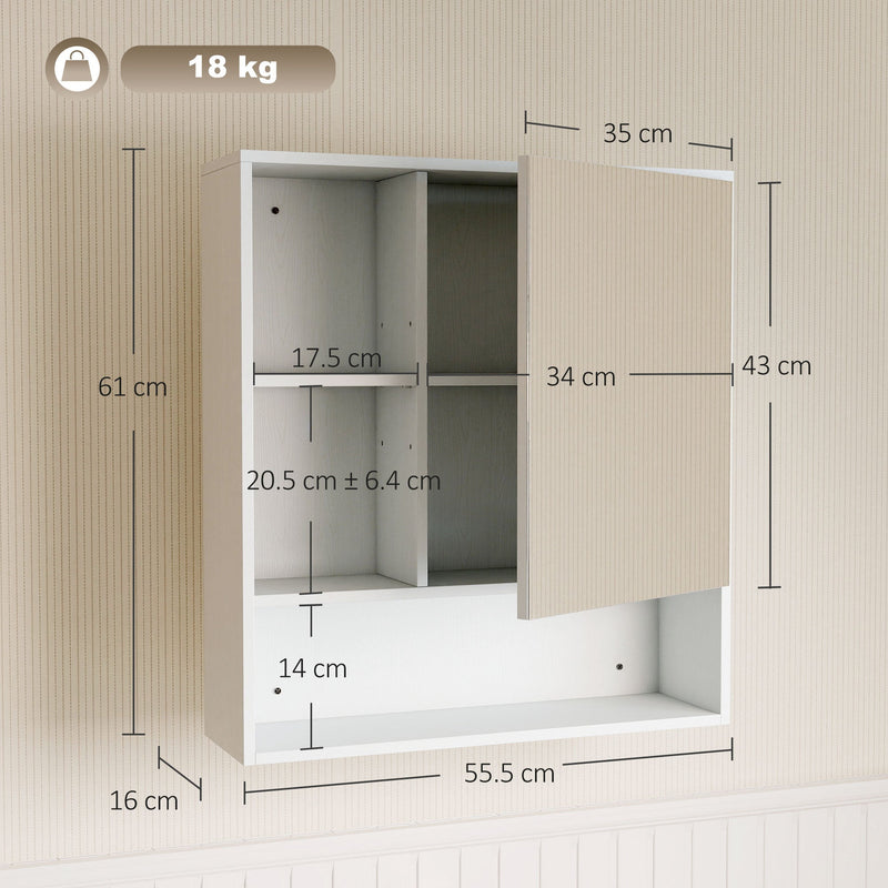 Dimensions diagram showing 55.5 cm wide, 16 cm deep and 61 cm high with mirror and shelf sizes