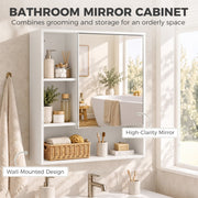 Feature graphic labelling the mirror, wall-mounted design and open cubby