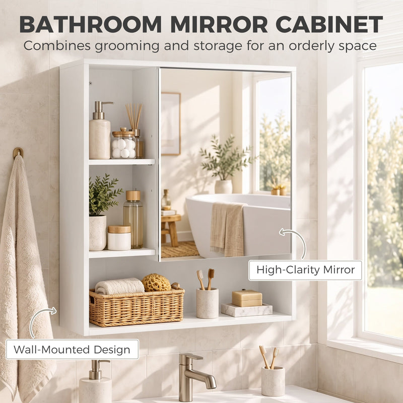Feature graphic labelling the mirror, wall-mounted design and open cubby