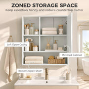Zoned storage graphic labelling the left open cubby, mirrored cabinet and bottom open shelf