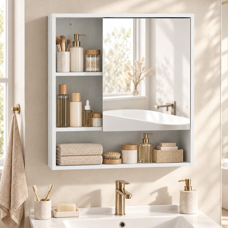 White mirror cabinet above a basin with toiletries and towels on the shelves