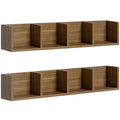 Two Homcom wall-mounted CD and DVD storage shelves, each with 4 open cube compartments, walnut brown finish