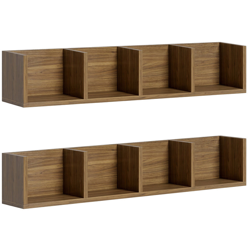 Two Homcom wall-mounted CD and DVD storage shelves, each with 4 open cube compartments, walnut brown finish