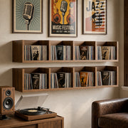 Homcom CD storage shelf mounted above a sideboard displaying a vinyl record collection