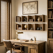 Homcom CD storage shelf mounted in a home office displaying books, a globe and decorative objects
