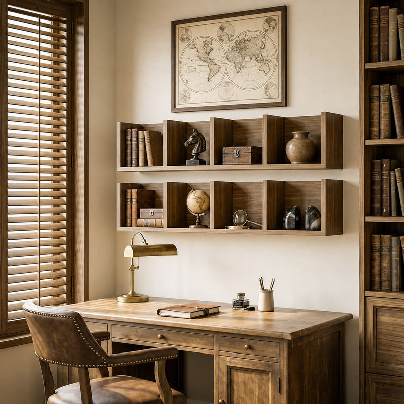 Homcom CD storage shelf mounted in a home office displaying books, a globe and decorative objects