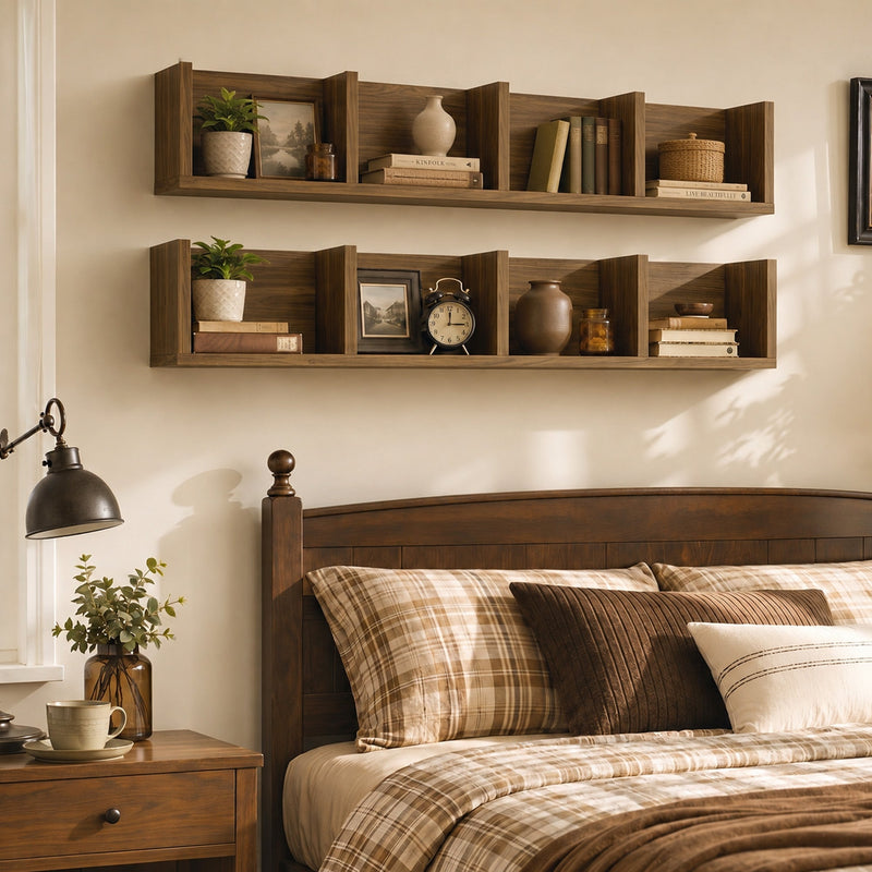 Two Homcom CD storage shelves mounted above a bed displaying books, plants and a clock