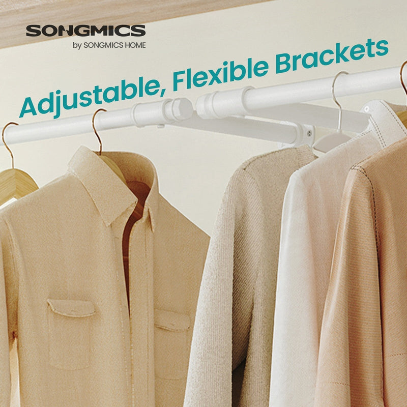 Adjustable angled bracket detail with shirts hanging from the rail