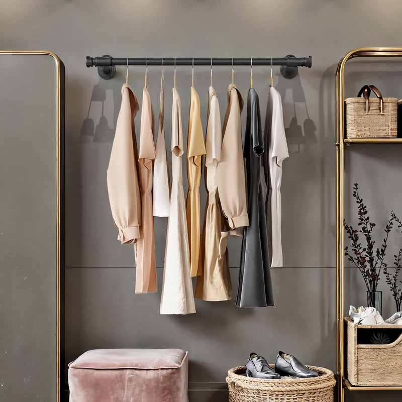 Wall-mounted industrial pipe clothes rail by Songmics, close-up of bracket