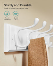 Close-up of the steel hooks and MDF backplate with a 20 kg load capacity note