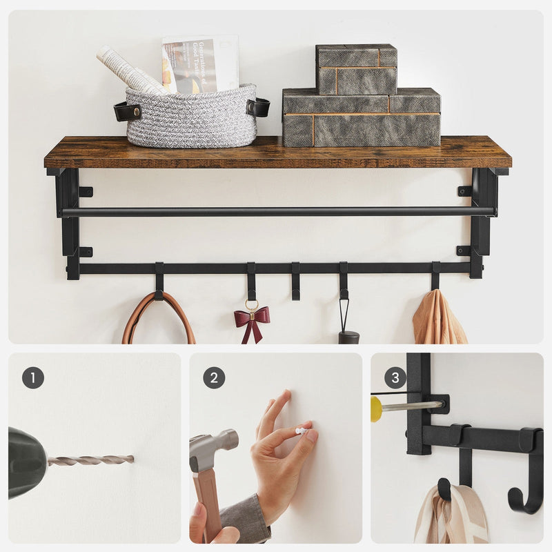 Coat rack on a white wall with a basket and boxes above a three-step mounting guide