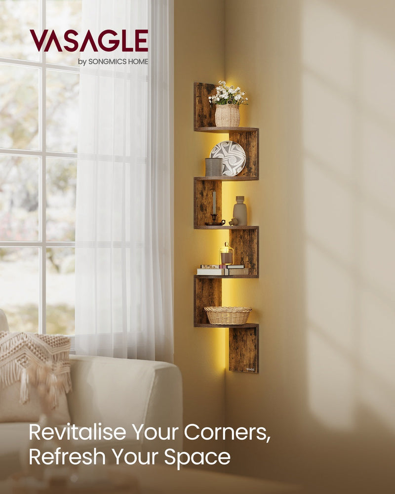 Vasagle corner shelf mounted on a wall with RGB LED strip lit up in a bedroom setting