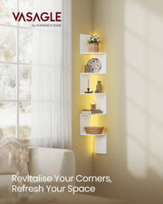 Vasagle RGB corner wall shelf - lifestyle photo mounted in a bedroom corner