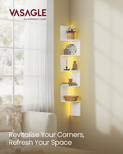 Vasagle RGB corner wall shelf - lifestyle photo mounted in a bedroom corner