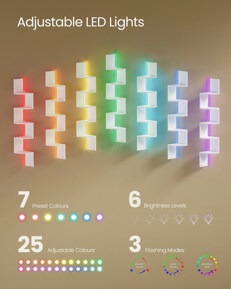 Vasagle RGB corner wall shelf - close-up of LED lighting colours