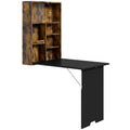 Homcom rustic brown wall-mounted drop-leaf table open with black tabletop and storage shelving