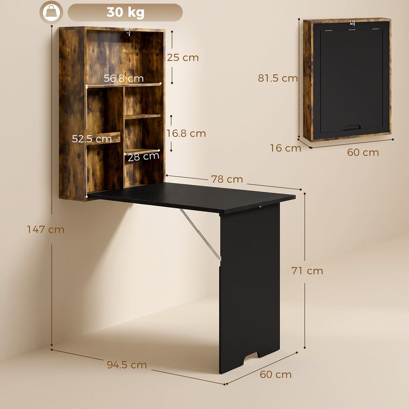 Dimensions diagram for the wall-mounted table showing 147 cm open height and 16 cm folded depth