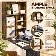 Ample storage space panel showing the 6 open compartments and baffle design shelving