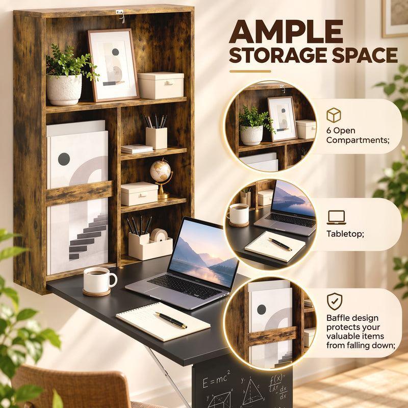 Ample storage space panel showing the 6 open compartments and baffle design shelving