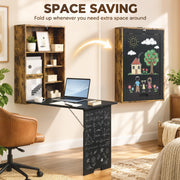 Space-saving panel showing the table folding flat with a chalkboard drawing on the closed front