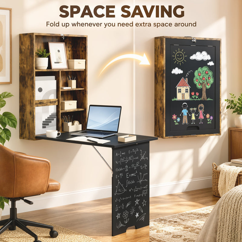 Space-saving panel showing the table folding flat with a chalkboard drawing on the closed front