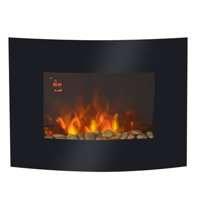 HOMCOM wall mounted electric fireplace with curved black glass front and pebble effect flame