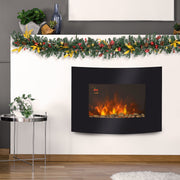Fireplace mounted above a mantel decorated with a Christmas garland in a living room