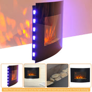 Angled view of the fireplace with blue ambient side lighting and flame effect, plus a heating note