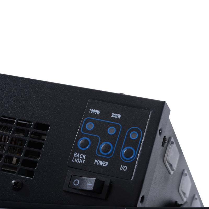 Close-up of the on-unit control panel confirming the 900W and 1800W heat settings