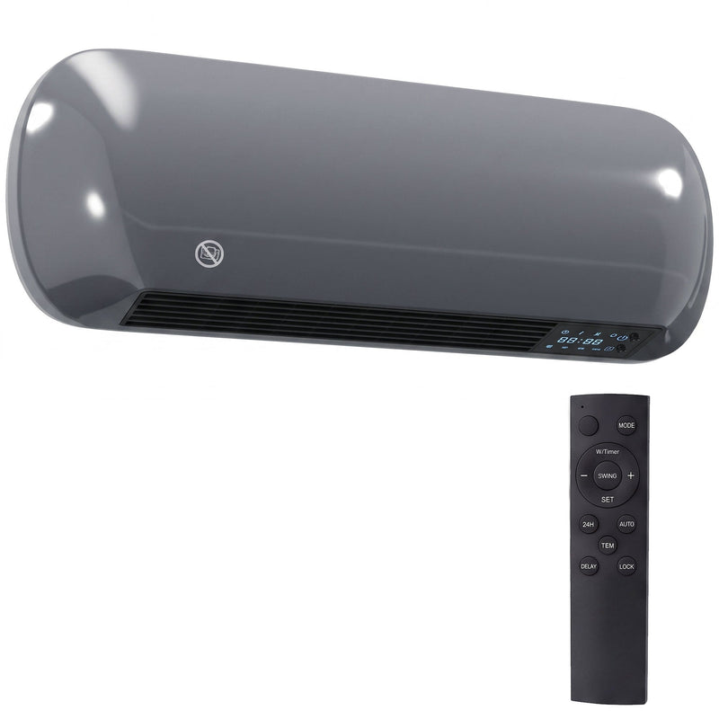 Homcom grey wall mounted electric heater shown with its black remote control on a white background