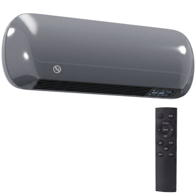 Homcom grey wall mounted electric heater shown with its black remote control on a white background