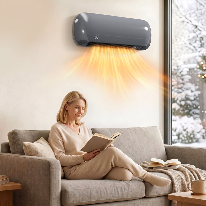 Grey wall heater mounted above a sofa blowing warm air while a woman reads, snow outside the window