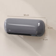 Dimensions diagram of the grey wall heater labelled 50 cm wide, 19 cm deep and 14 cm high