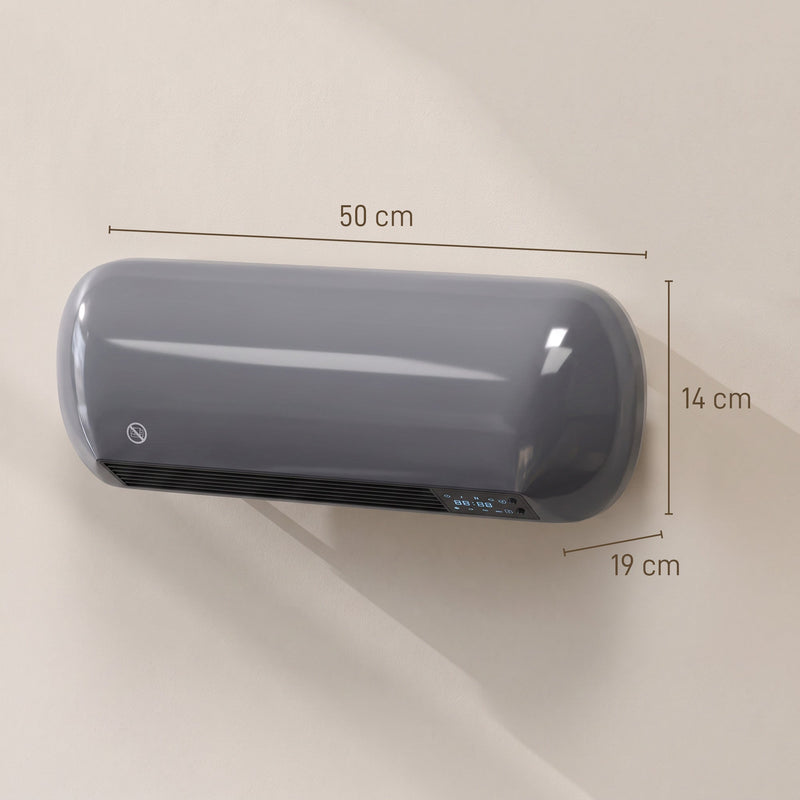 Dimensions diagram of the grey wall heater labelled 50 cm wide, 19 cm deep and 14 cm high