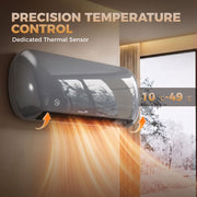 Grey wall heater running beside a snowy window with its 10 to 49 degree temperature range shown