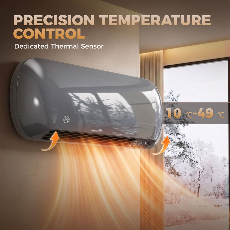 Grey wall heater running beside a snowy window with its 10 to 49 degree temperature range shown